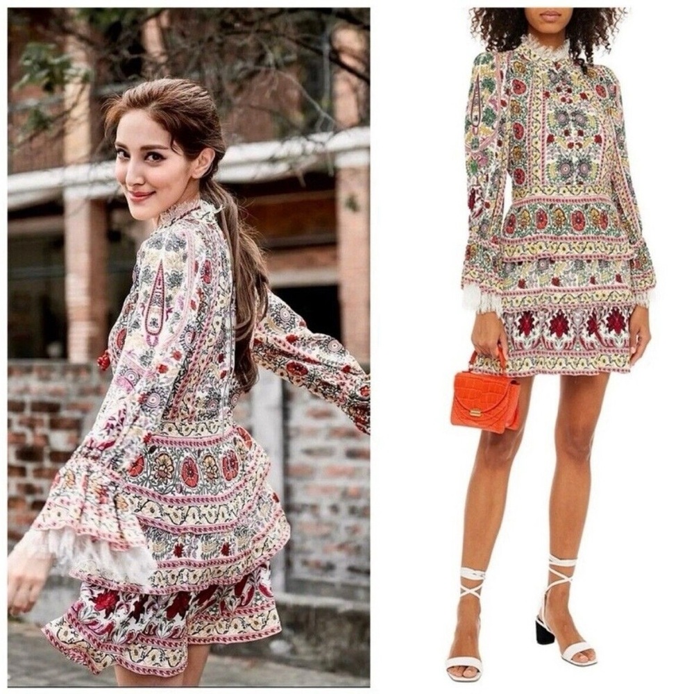 NWT $595 Alice + Olivia Lawson Tiered Lace-trimmed Floral-print Crepe Mini Dress